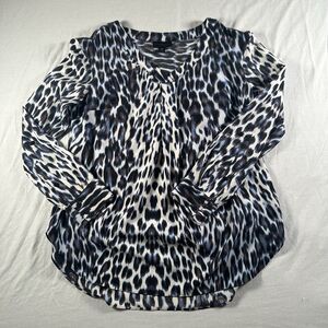 Worthington Women's Petite Medium Leopard Print V-Neck Blouse White Blue Top